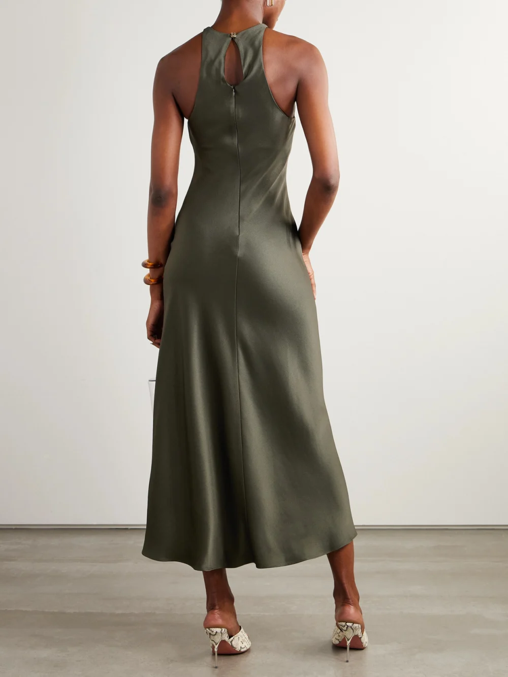 Back view of the BLAZÉ Milano Skyros Satin Midi Dress