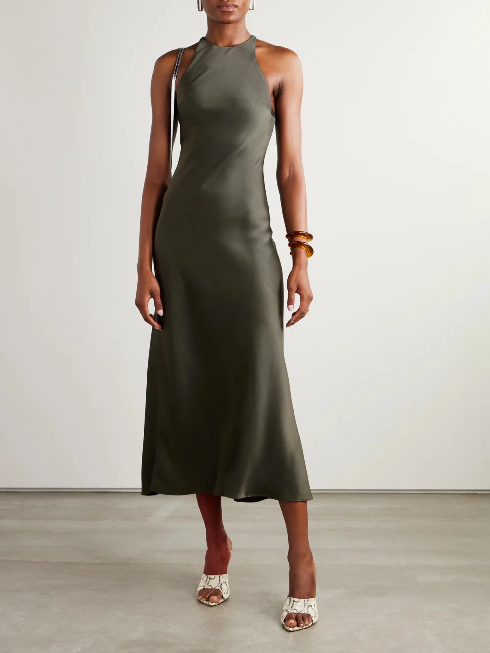 BLAZÉ Milano Skyros Satin Midi Dress, worn by a model