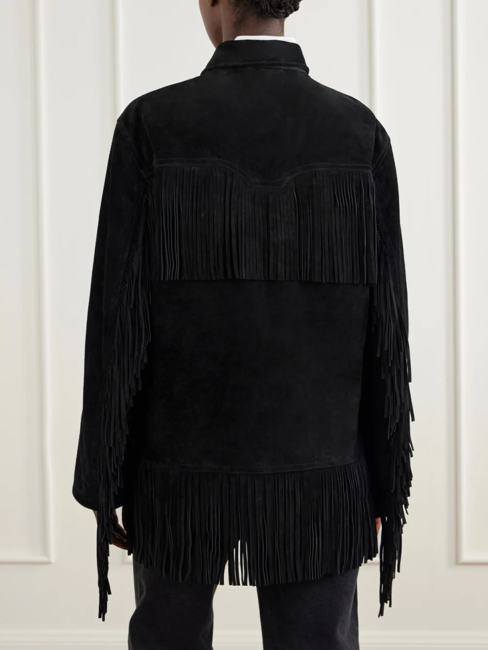 Back view of the Bode Appalachian Fringed Suede Jacket
