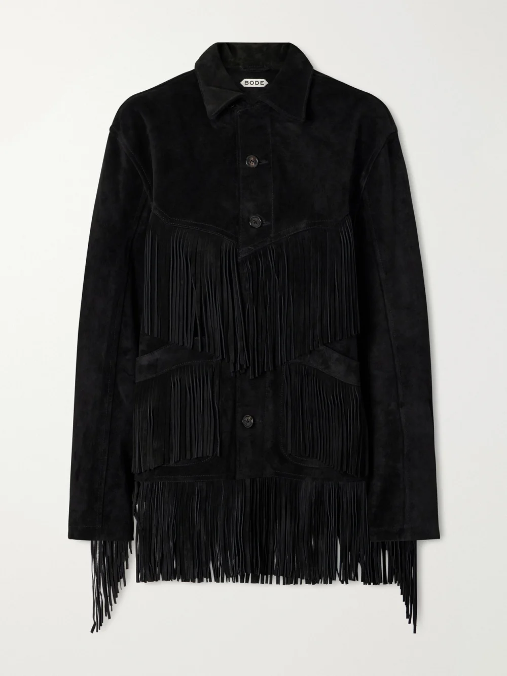 Bode Appalachian Fringed Suede Jacket in black