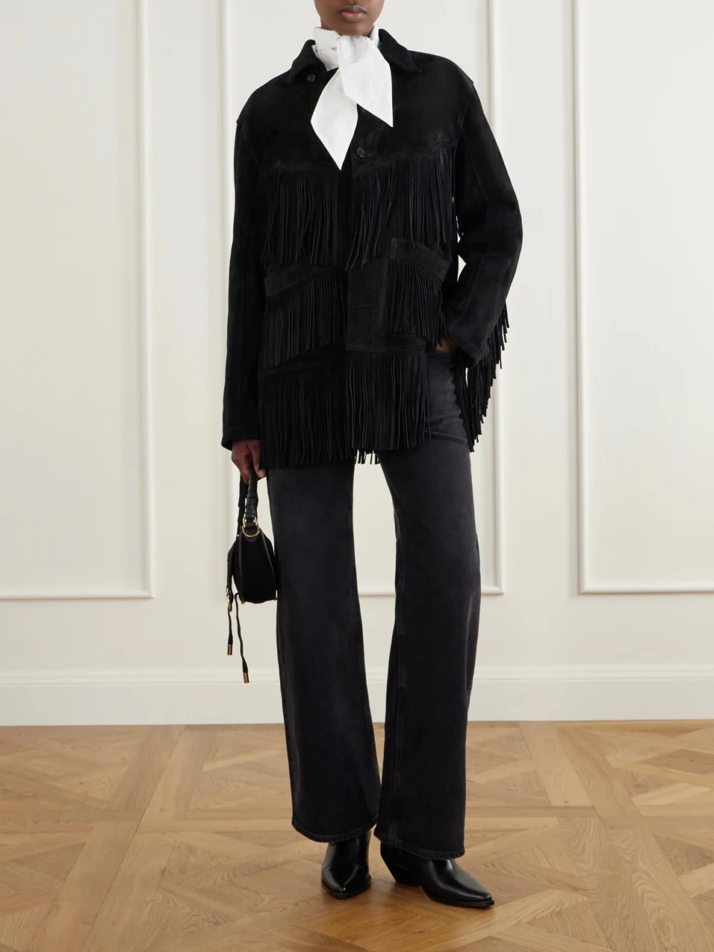 Bode Appalachian Fringed Suede Jacket, worn by a model
