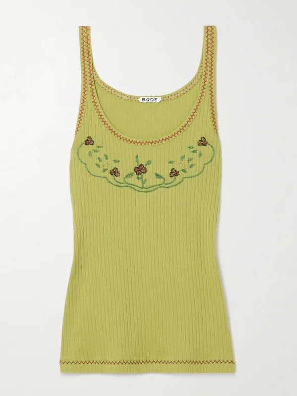 Bode Dahlia Bead-embellished Ribbed Cotton-jersey Tank