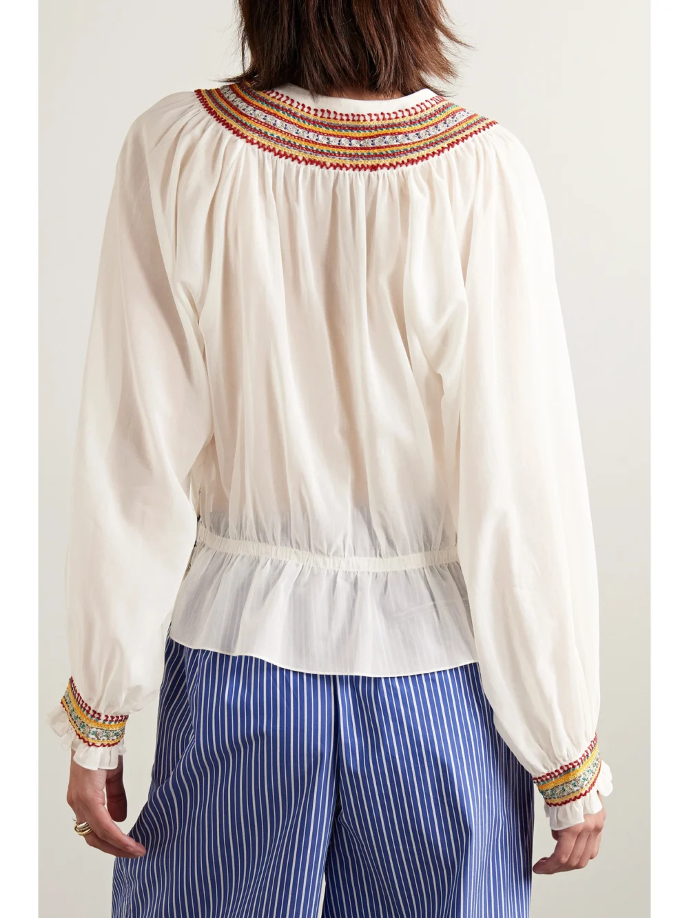Back view of the Bode Embroidered Cotton-voile Blouse