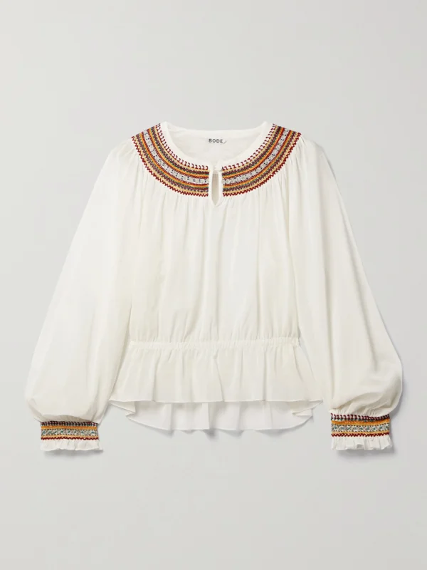 Bode Embroidered Cotton-voile Blouse