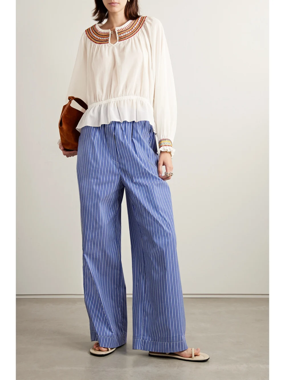 Bode Embroidered Cotton-voile Blouse, worn by a model