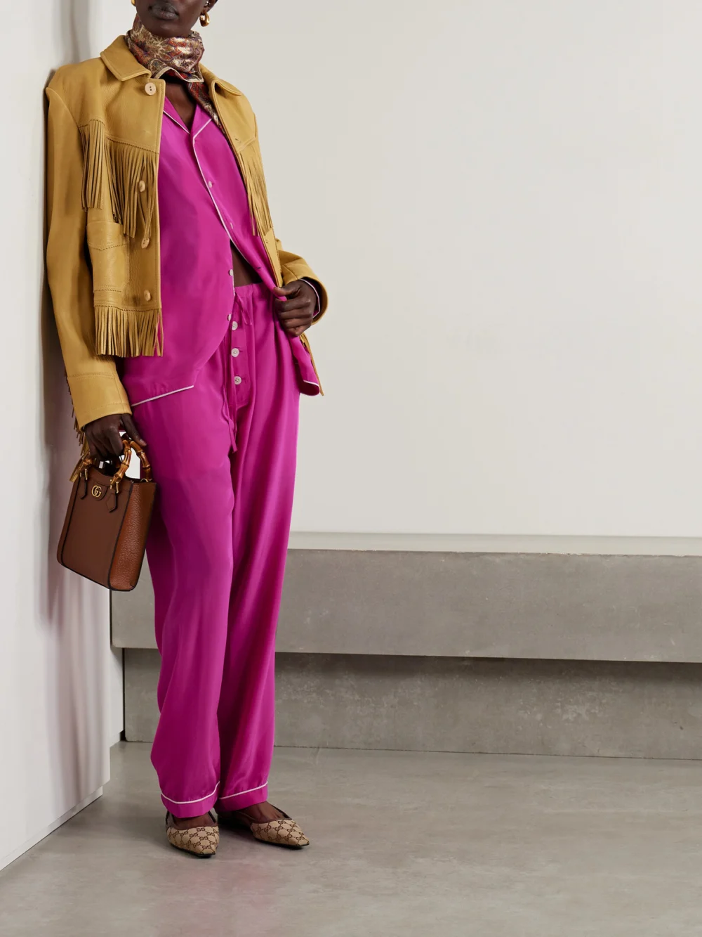 Bode Jasmine Silk-charmeuse Pants, worn by a model