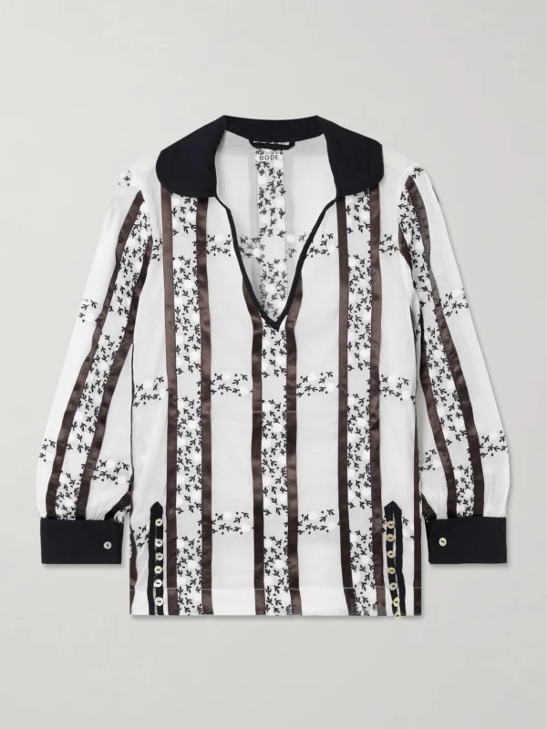 Bode Lattice Sprig Embroidered Button-embellished Satin-trimmed Cotton Blouse