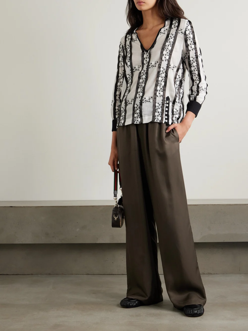 Bode Lattice Sprig Embroidered Button-embellished Satin-trimmed Cotton Blouse, worn by a model