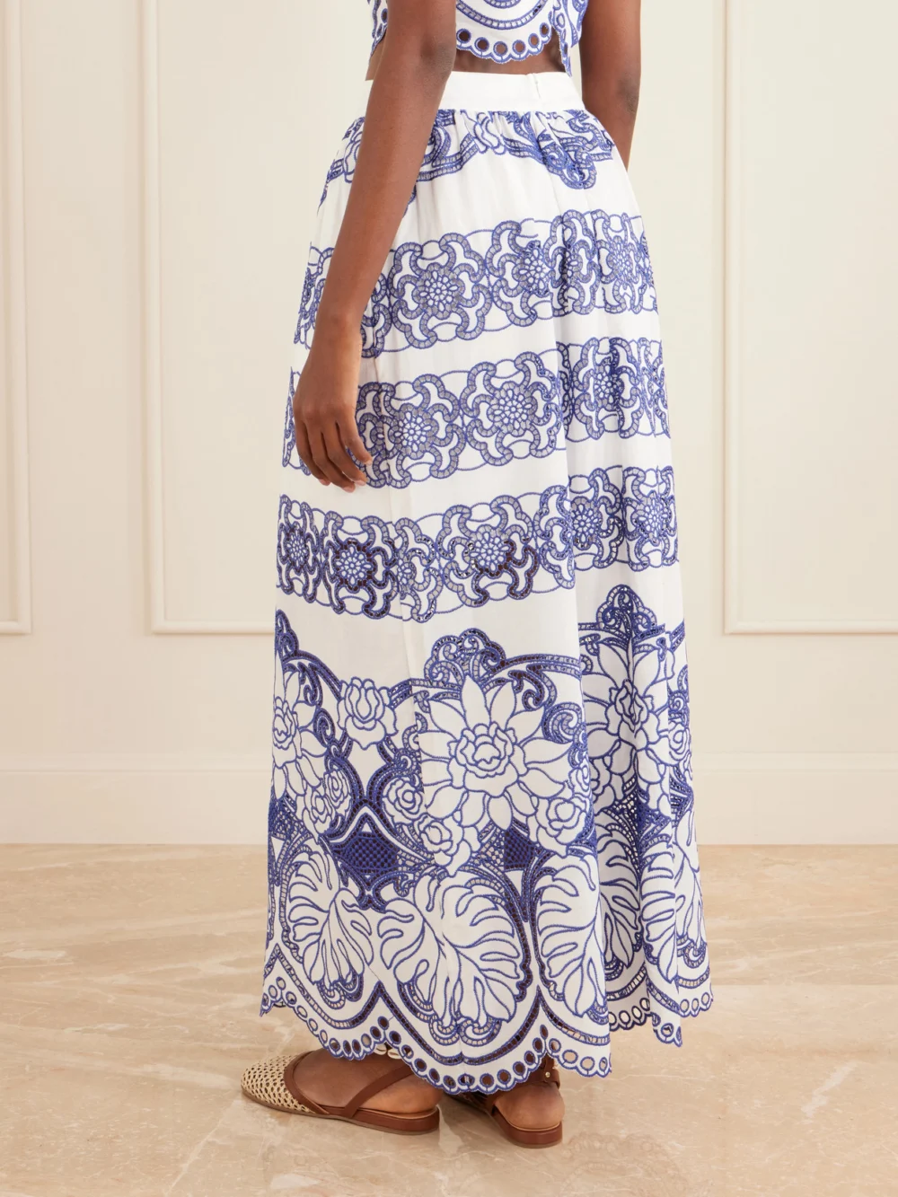 Back view of the Borgo de Nor Belan Scalloped Broderie Anglaise Cotton-blend Maxi Skirt