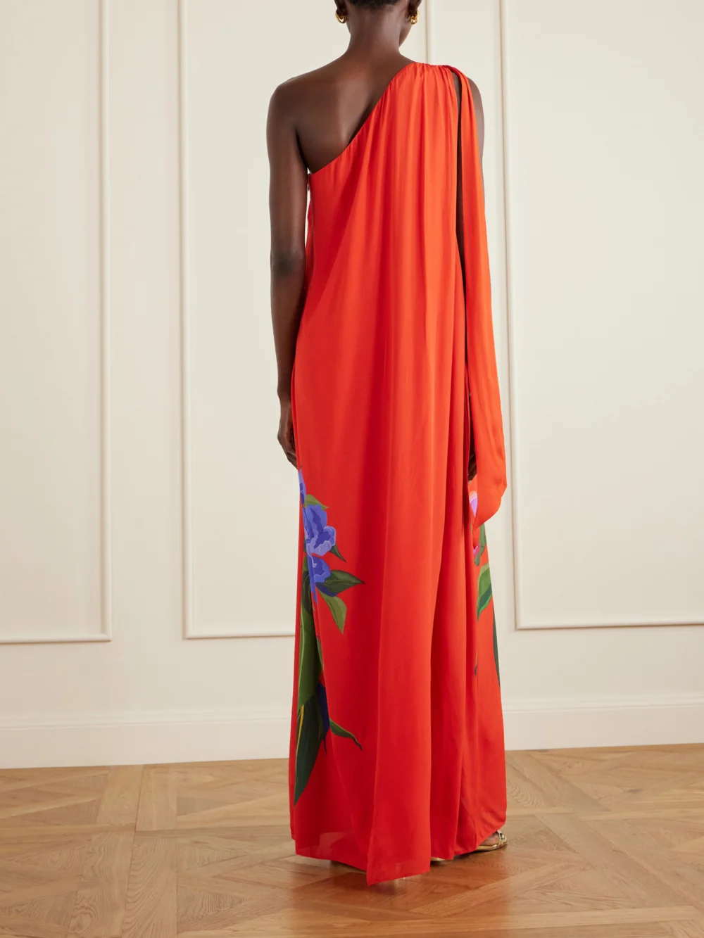 Back view of the Borgo de Nor Lani Floral-print Satin-crepe Maxi Dress