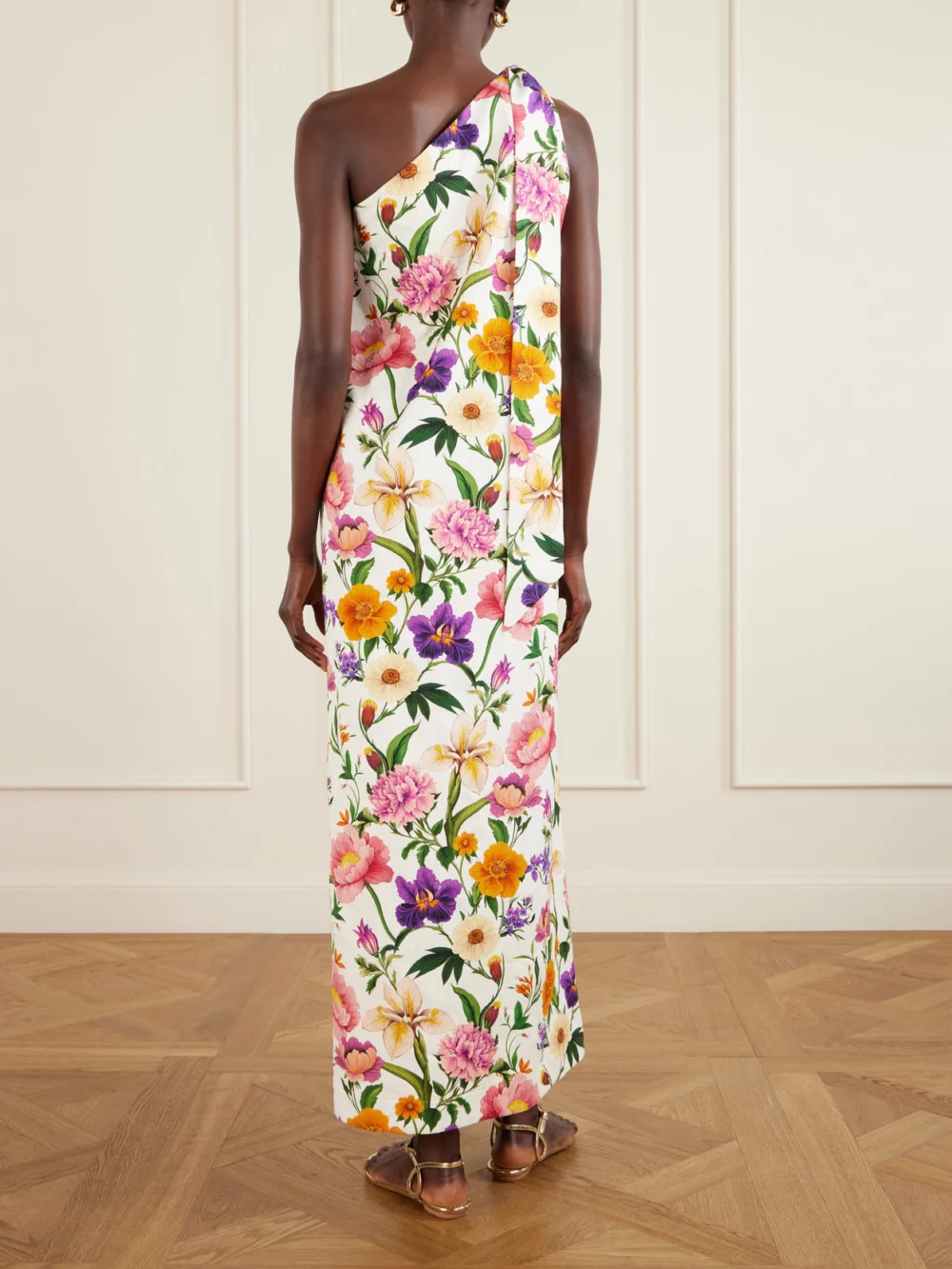 Back view of the Borgo de Nor Lani One-shoulder Tie-detailed Floral-print Satin-crepe Maxi Dress