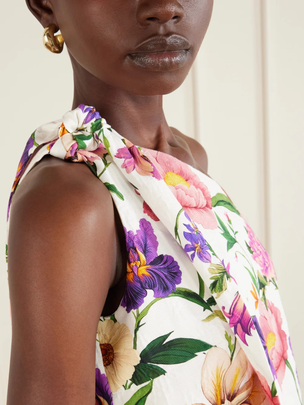 Close-up detail of the Borgo de Nor Lani One-shoulder Tie-detailed Floral-print Satin-crepe Maxi Dress