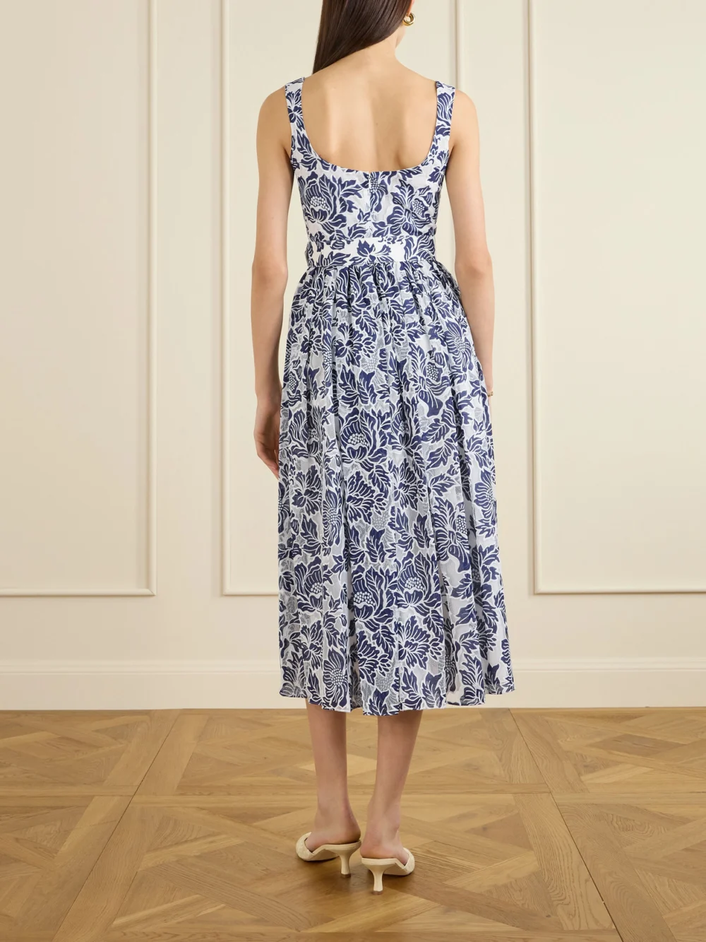 Back view of the Borgo de Nor Mackenzie Belted Lace-paneled Cotton-blend Midi Dress