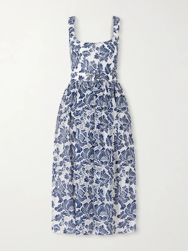 Borgo de Nor Mackenzie Belted Lace-paneled Cotton-blend Midi Dress