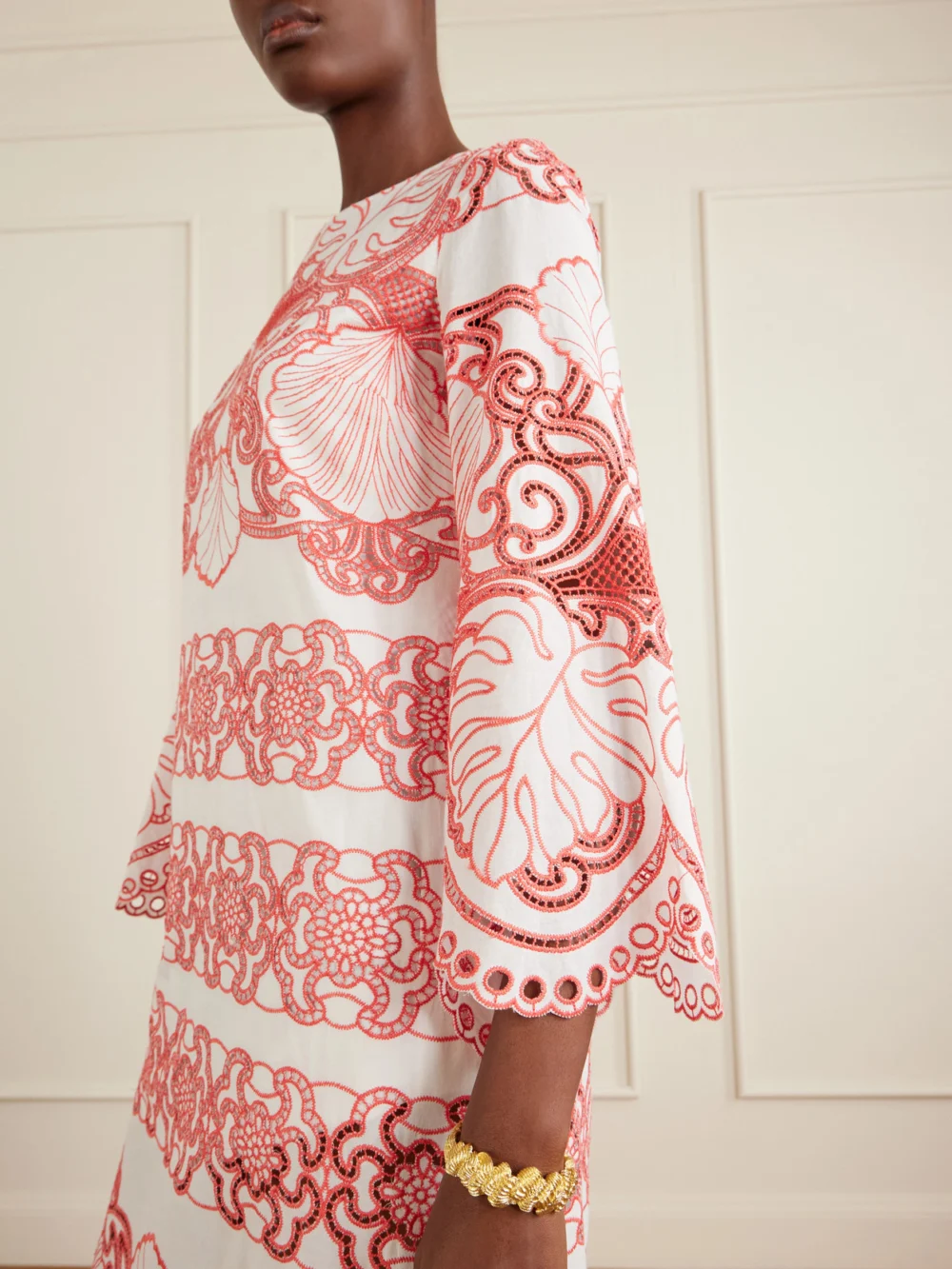 Close-up detail of the Borgo de Nor Seraphina Broderie Anglaise Cotton-blend Poplin Midi Dress