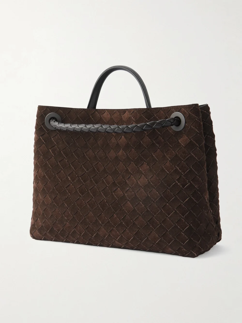 Back view of the Bottega Veneta Andiamo Medium Intrecciato Suede Tote