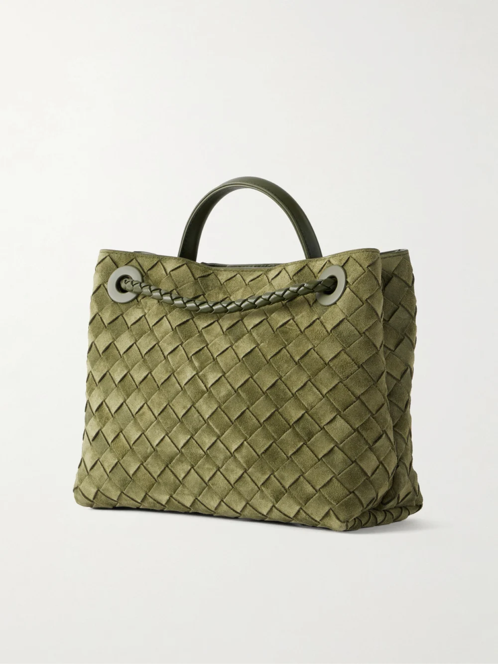 Back view of the Bottega Veneta Andiamo Small Intrecciato Suede Shoulder Bag