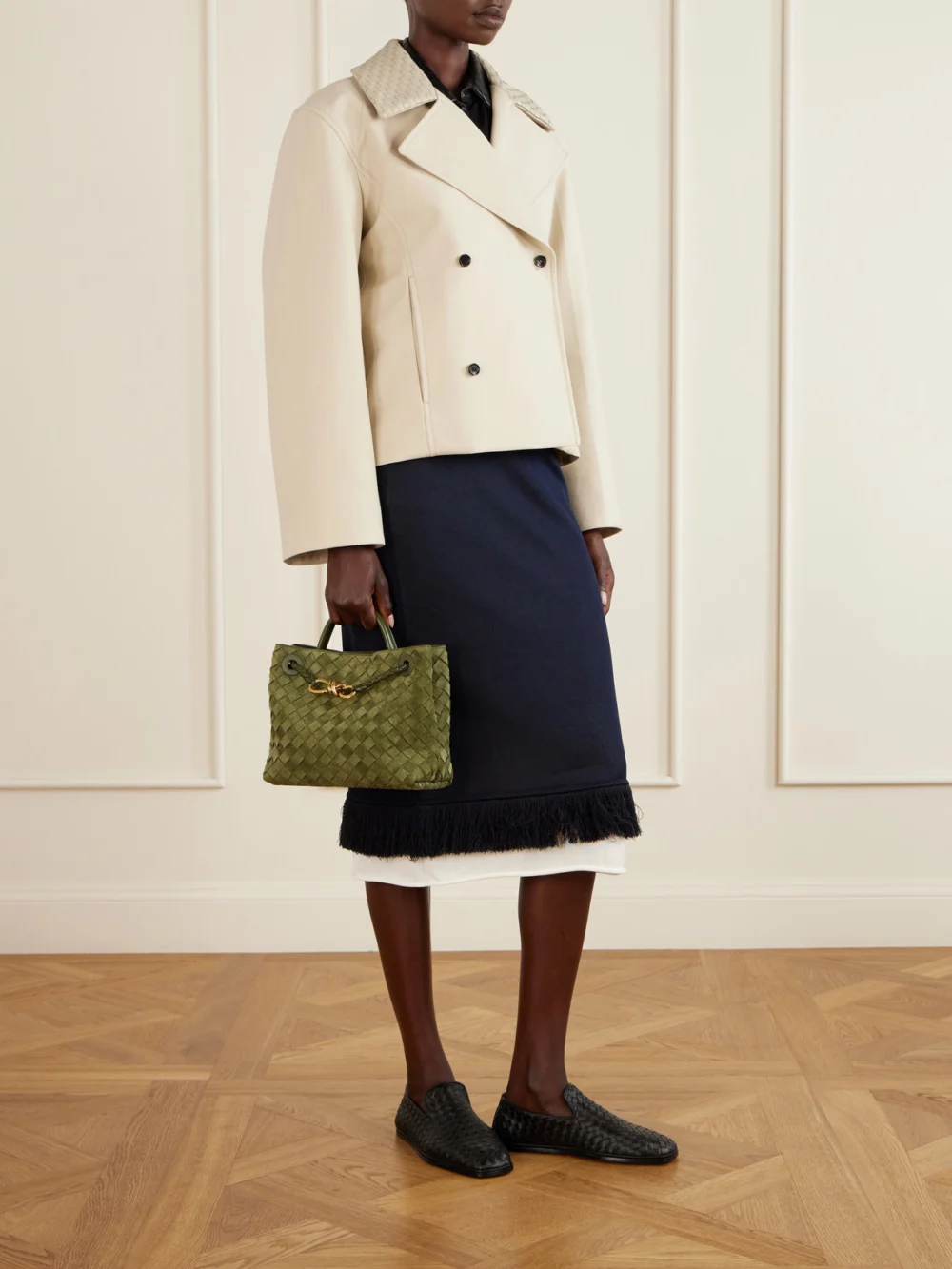 Bottega Veneta Andiamo Small Intrecciato Suede Shoulder Bag, styled view