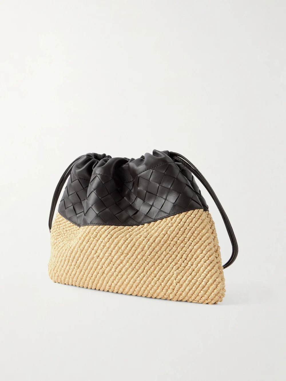 Back view of the Bottega Veneta Dustbag Medium Intrecciato Leather and Raffia Clutch