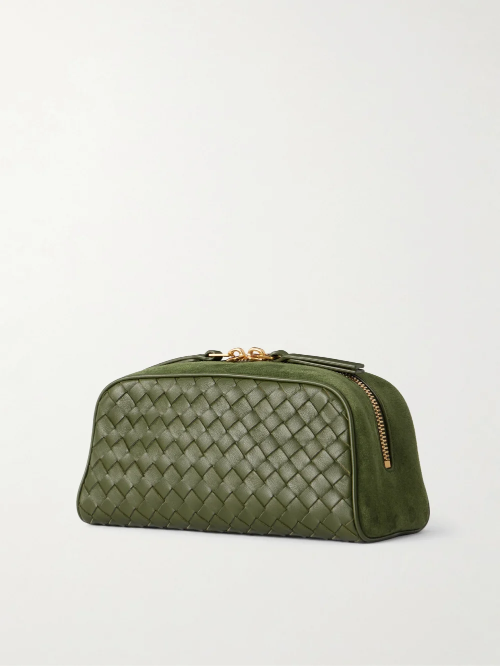 Back view of the Bottega Veneta Nodo Small Suede-trimmed Intrecciato Leather Pouch