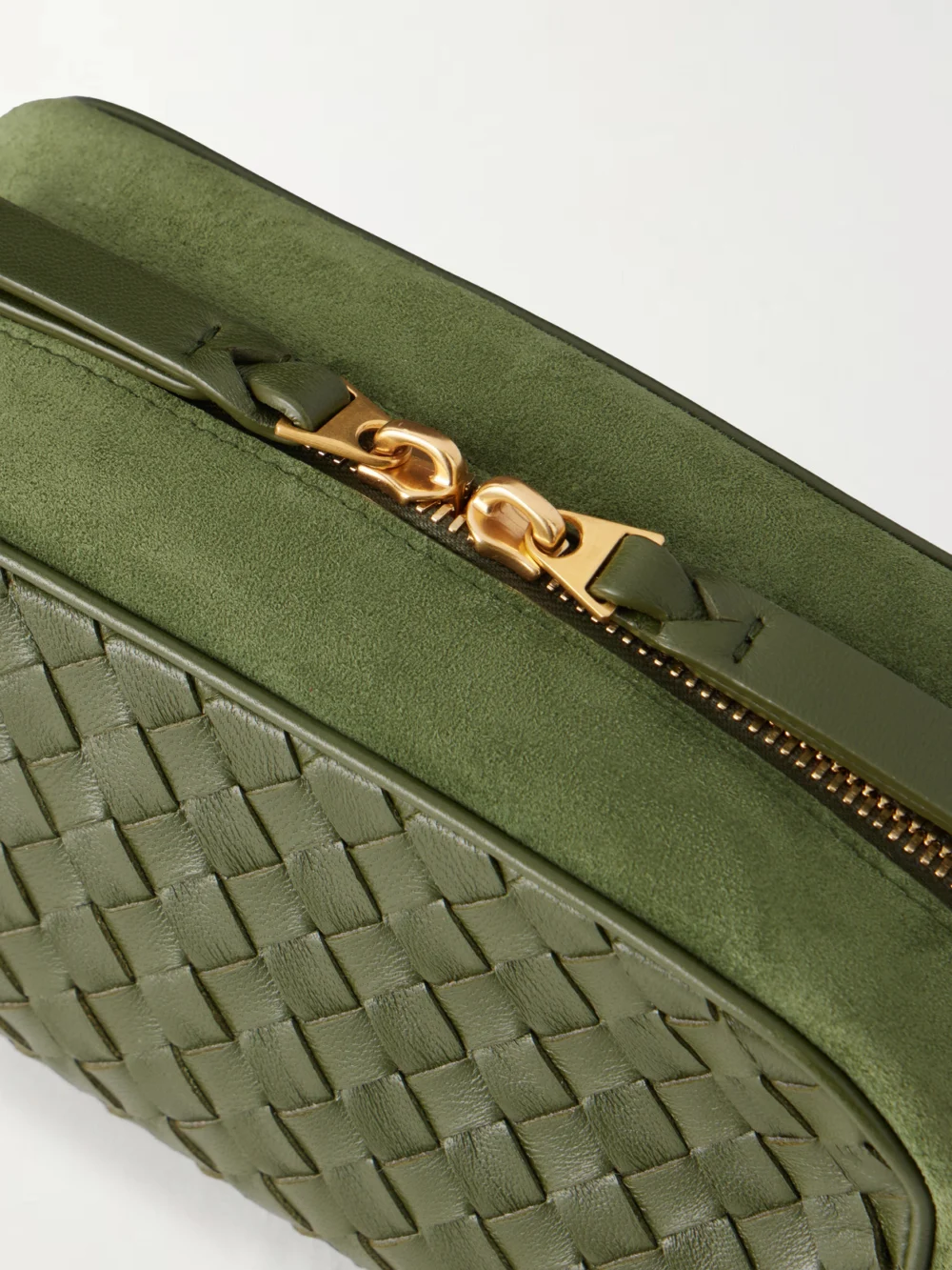 Close-up detail of the Bottega Veneta Nodo Small Suede-trimmed Intrecciato Leather Pouch