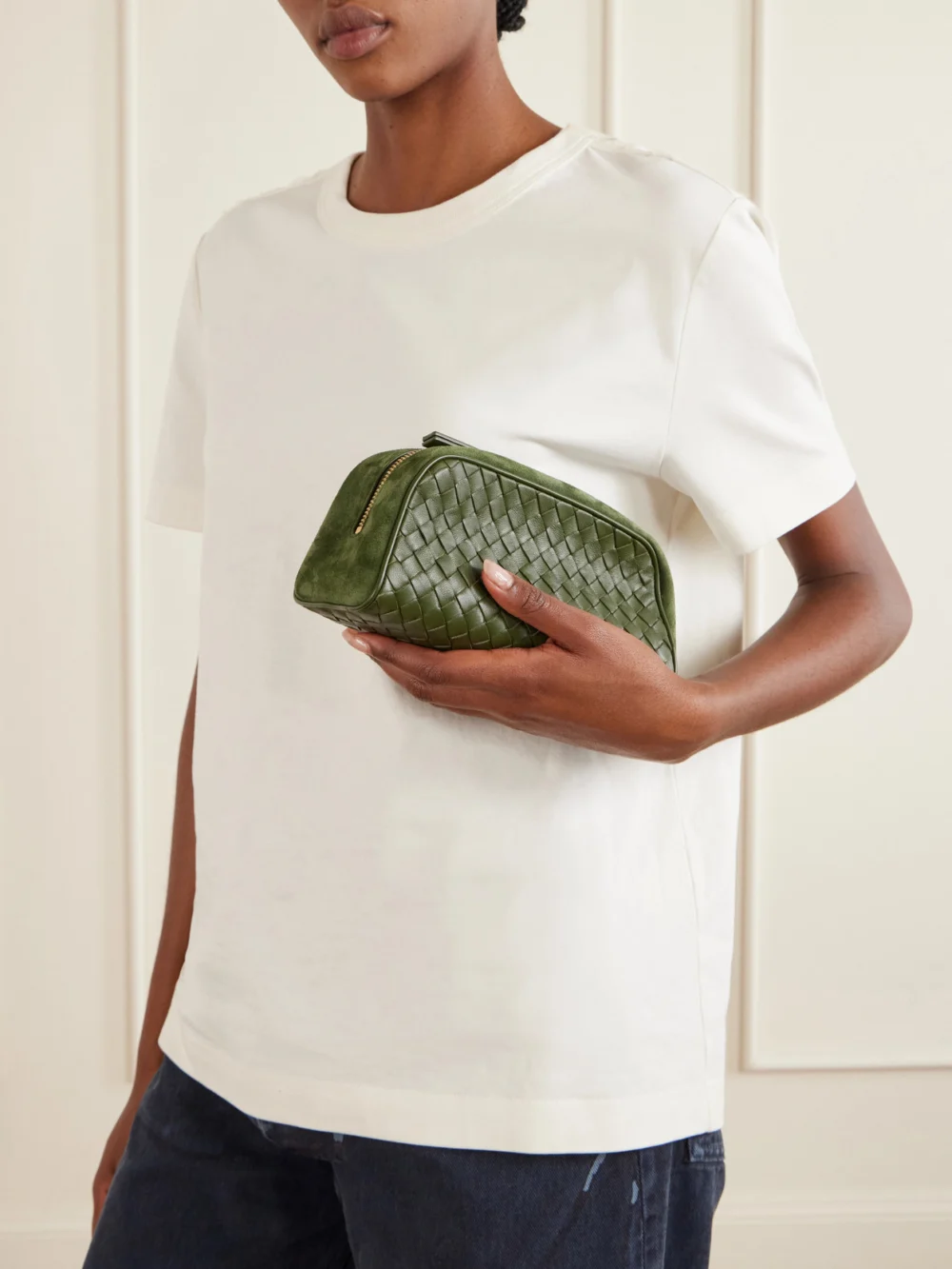 Bottega Veneta Nodo Small Suede-trimmed Intrecciato Leather Pouch, styled view