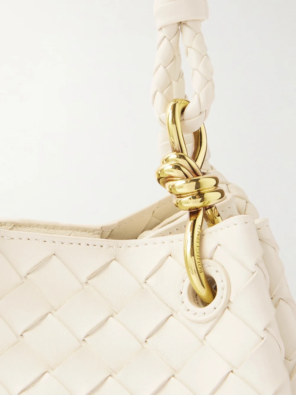 Close-up detail of the Bottega Veneta Parachute Small Intrecciato Leather Shoulder Bag