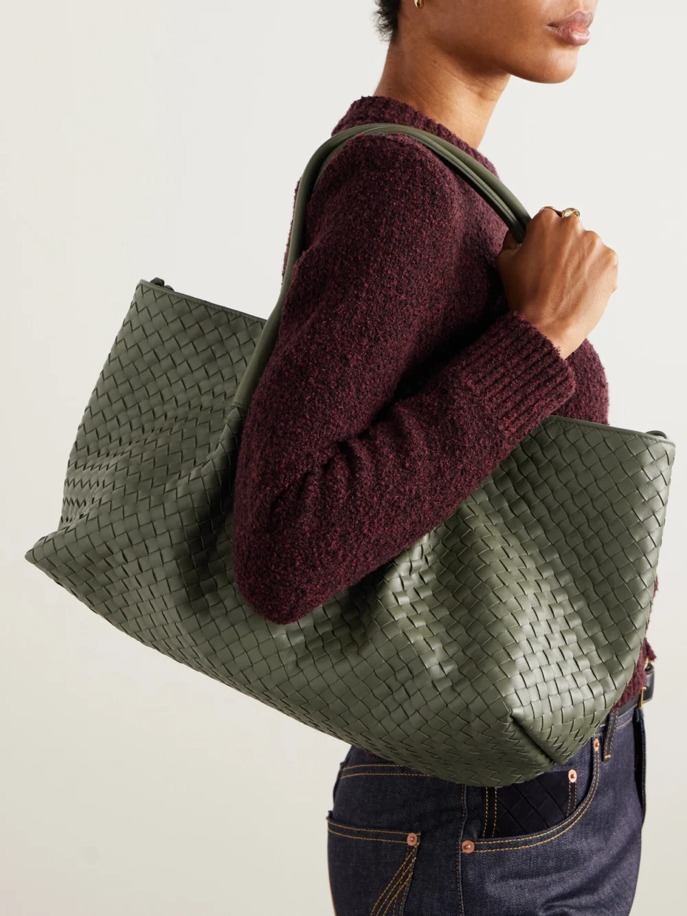 Bottega Veneta Pinacoteca Medium Intrecciato Leather Tote, styled view