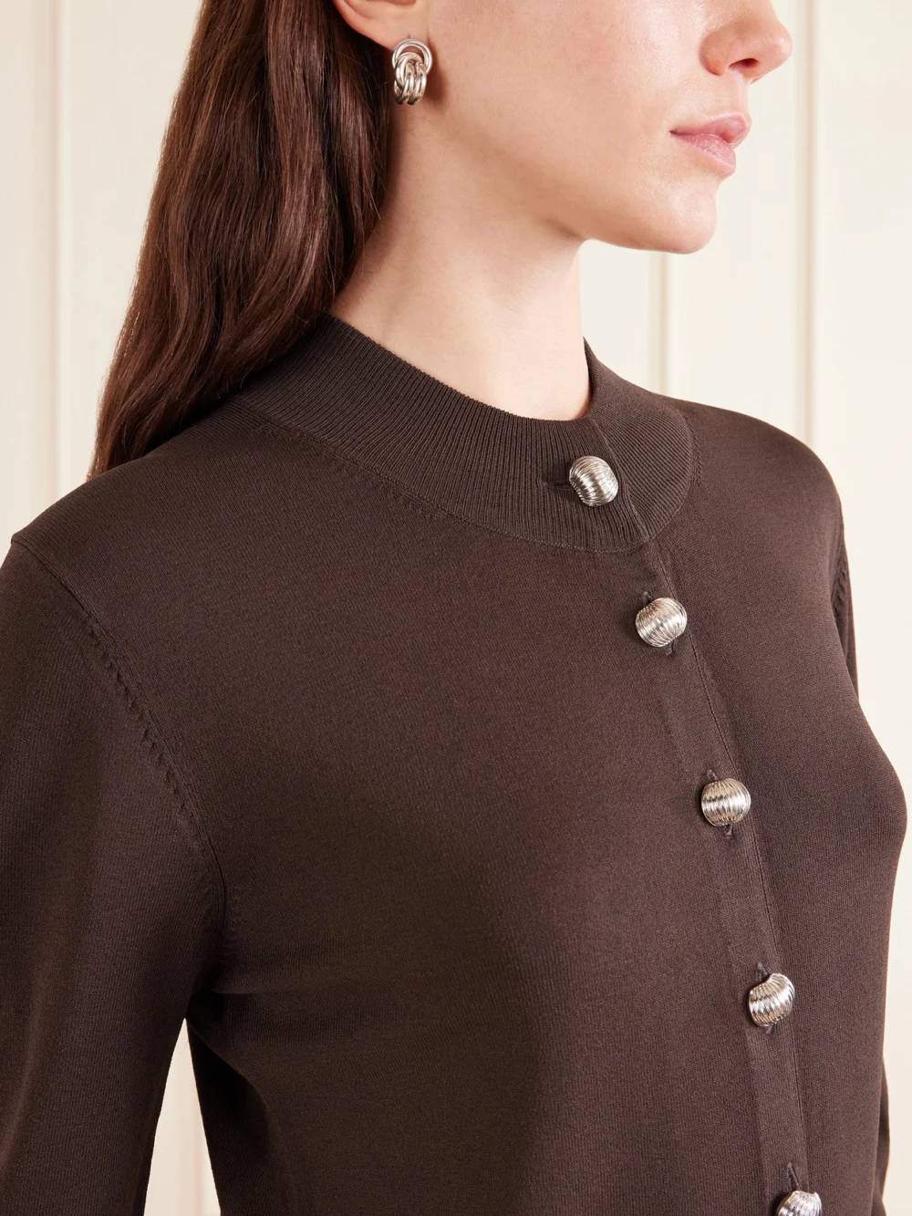 Close-up detail of the Brandon Maxwell Aubrey Knitted Cardigan
