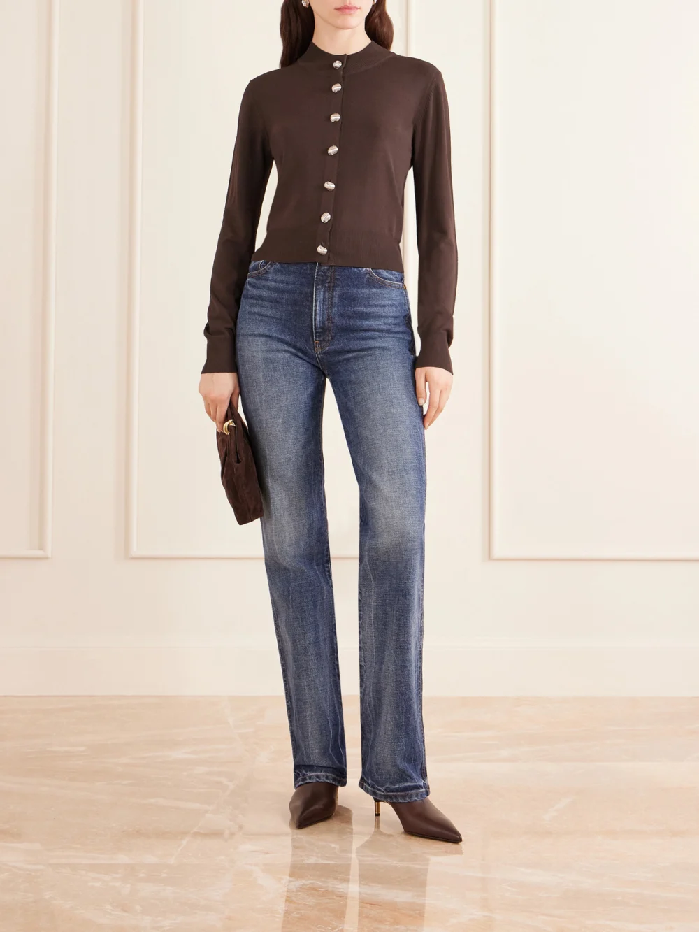 Brandon Maxwell Aubrey Knitted Cardigan, worn by a model