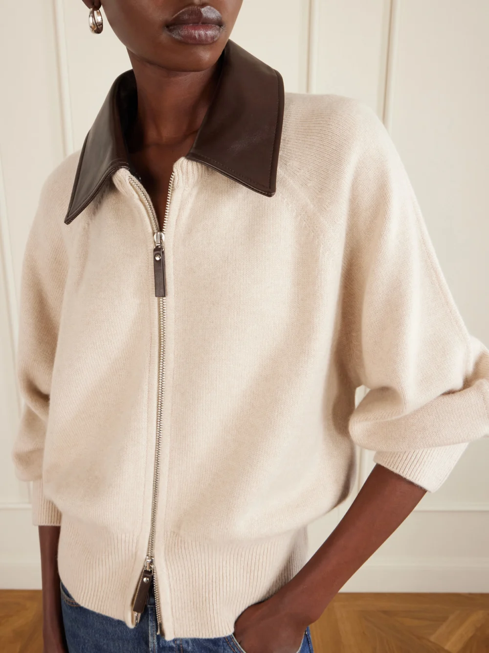 Close-up detail of the Brandon Maxwell Conrad Leather-trimmed Recycled-cashmere Jacket