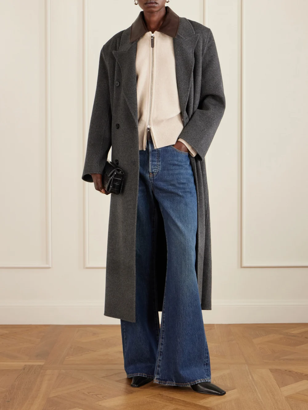 Brandon Maxwell Conrad Leather-trimmed Recycled-cashmere Jacket, worn by a model