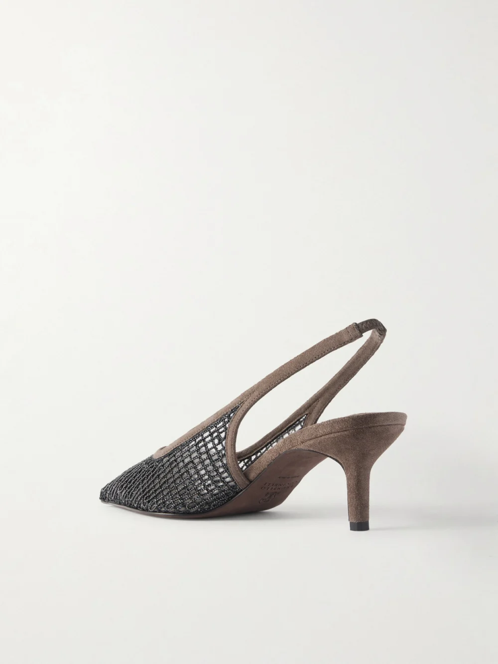 Back view of the Brunello Cucinelli 55 Embellished Suede-trimmed Mesh Slingback Pumps