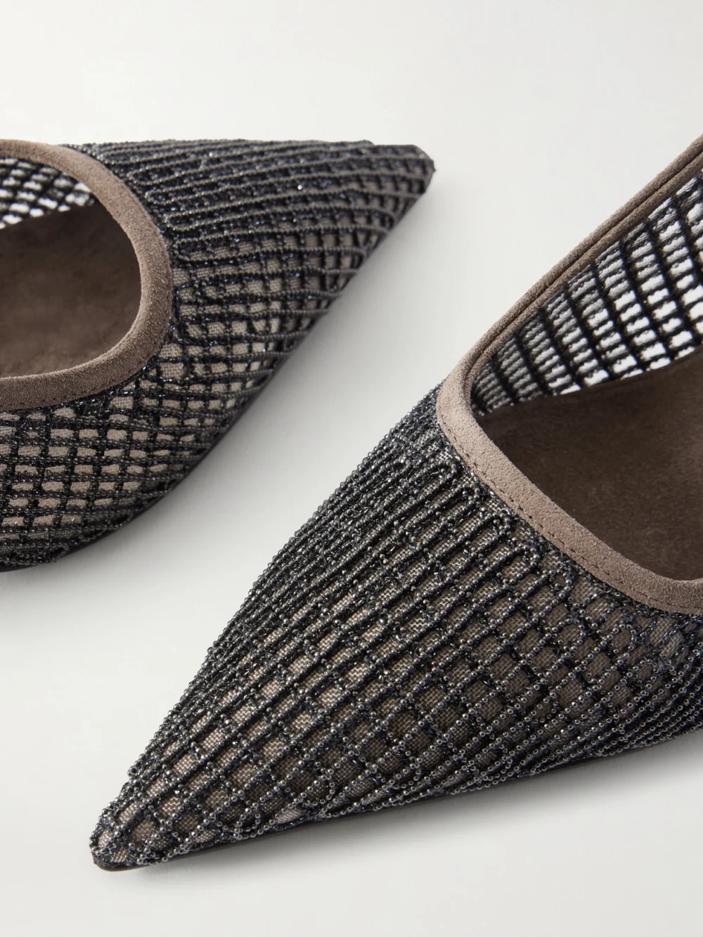 Close-up detail of the Brunello Cucinelli 55 Embellished Suede-trimmed Mesh Slingback Pumps