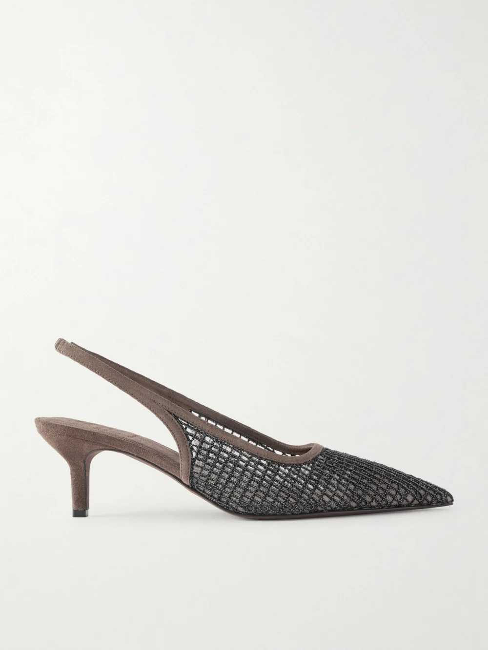 Brunello Cucinelli 55 Embellished Suede-trimmed Mesh Slingback Pumps in dark brown