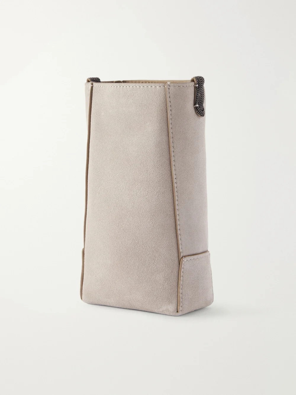 Back view of the Brunello Cucinelli Embellished Leather-trimmed Suede Pouch