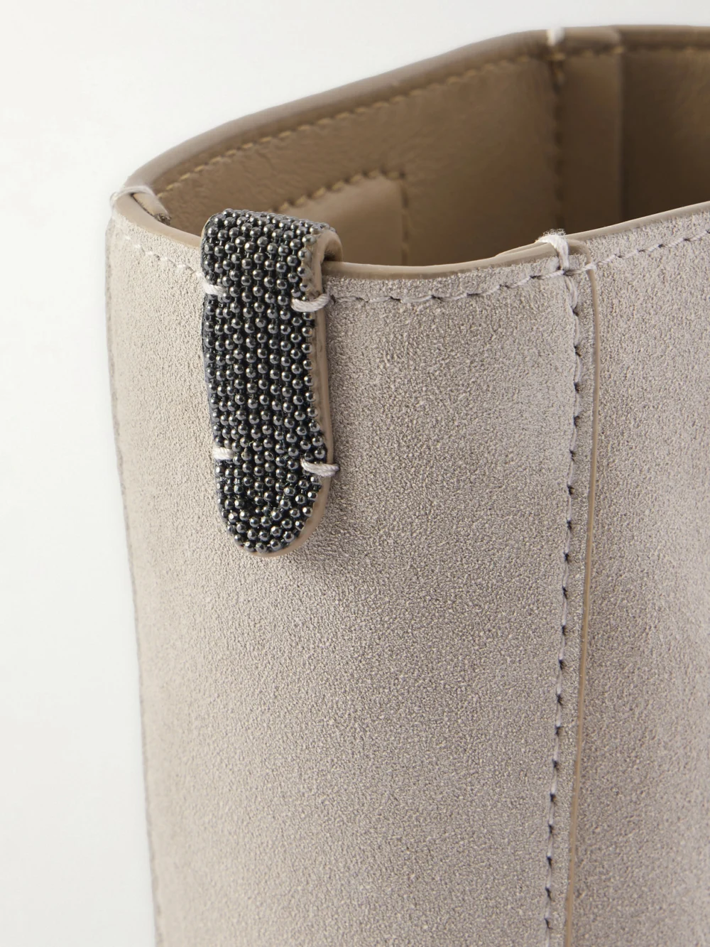 Close-up detail of the Brunello Cucinelli Embellished Leather-trimmed Suede Pouch