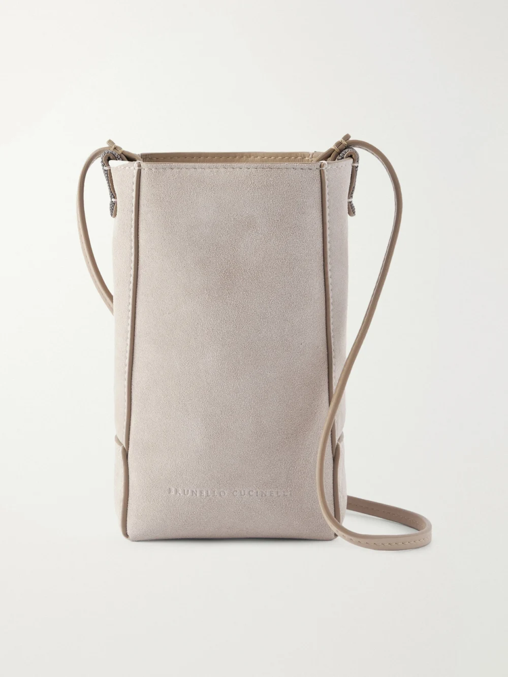 Brunello Cucinelli Embellished Leather-trimmed Suede Pouch in light gray