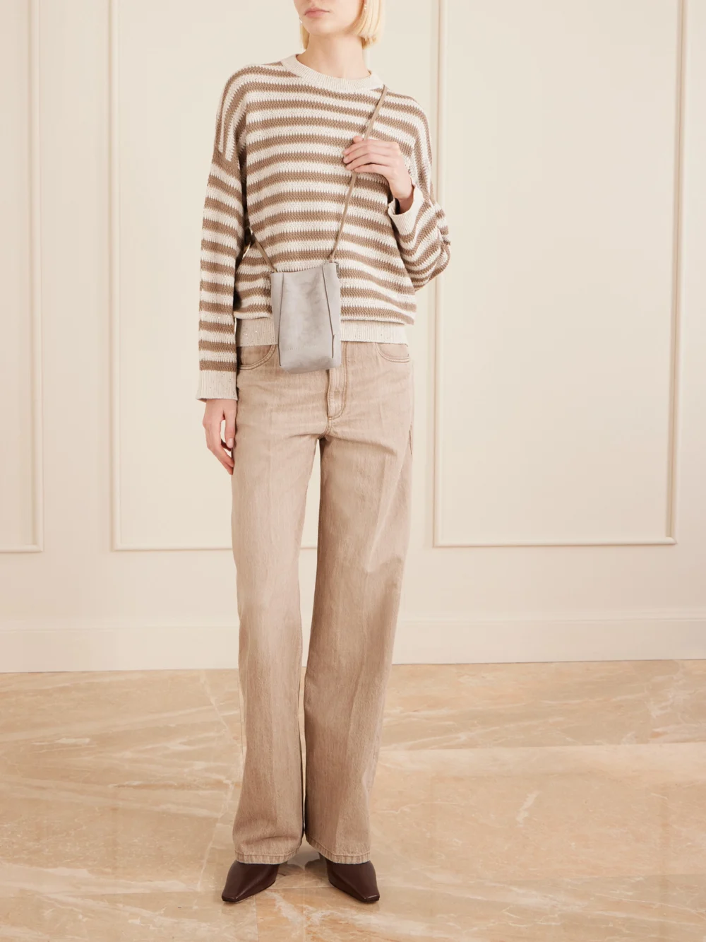Brunello Cucinelli Embellished Leather-trimmed Suede Pouch, styled view