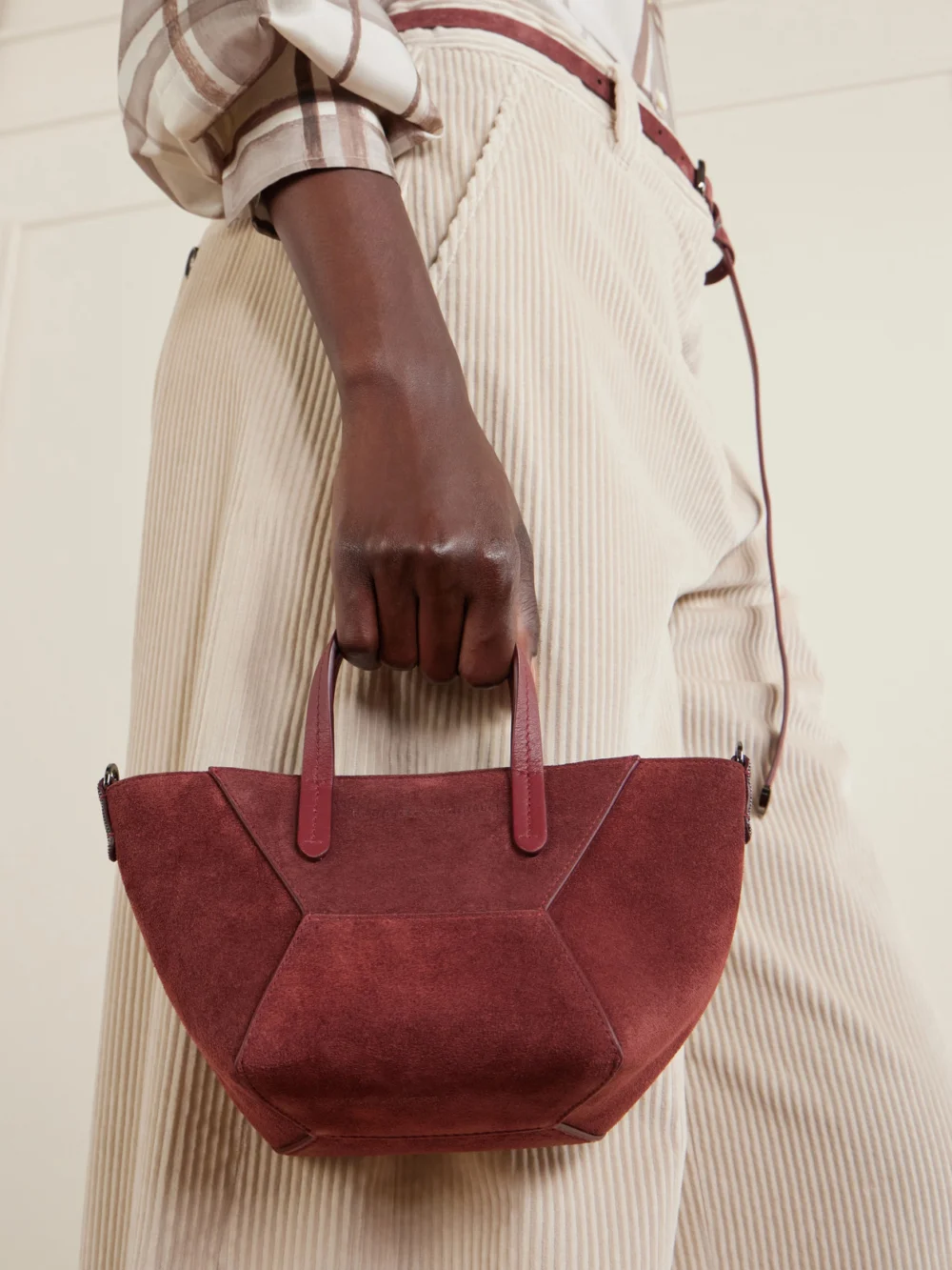 Brunello Cucinelli Embellished Suede Shoulder Bag, styled view
