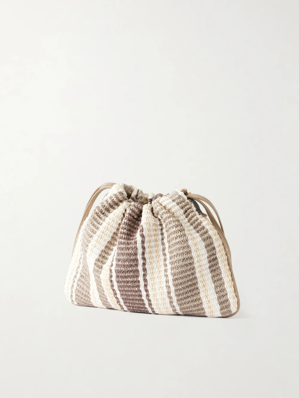Back view of the Brunello Cucinelli Striped Leather-trimmed Raffia Shoulder Bag