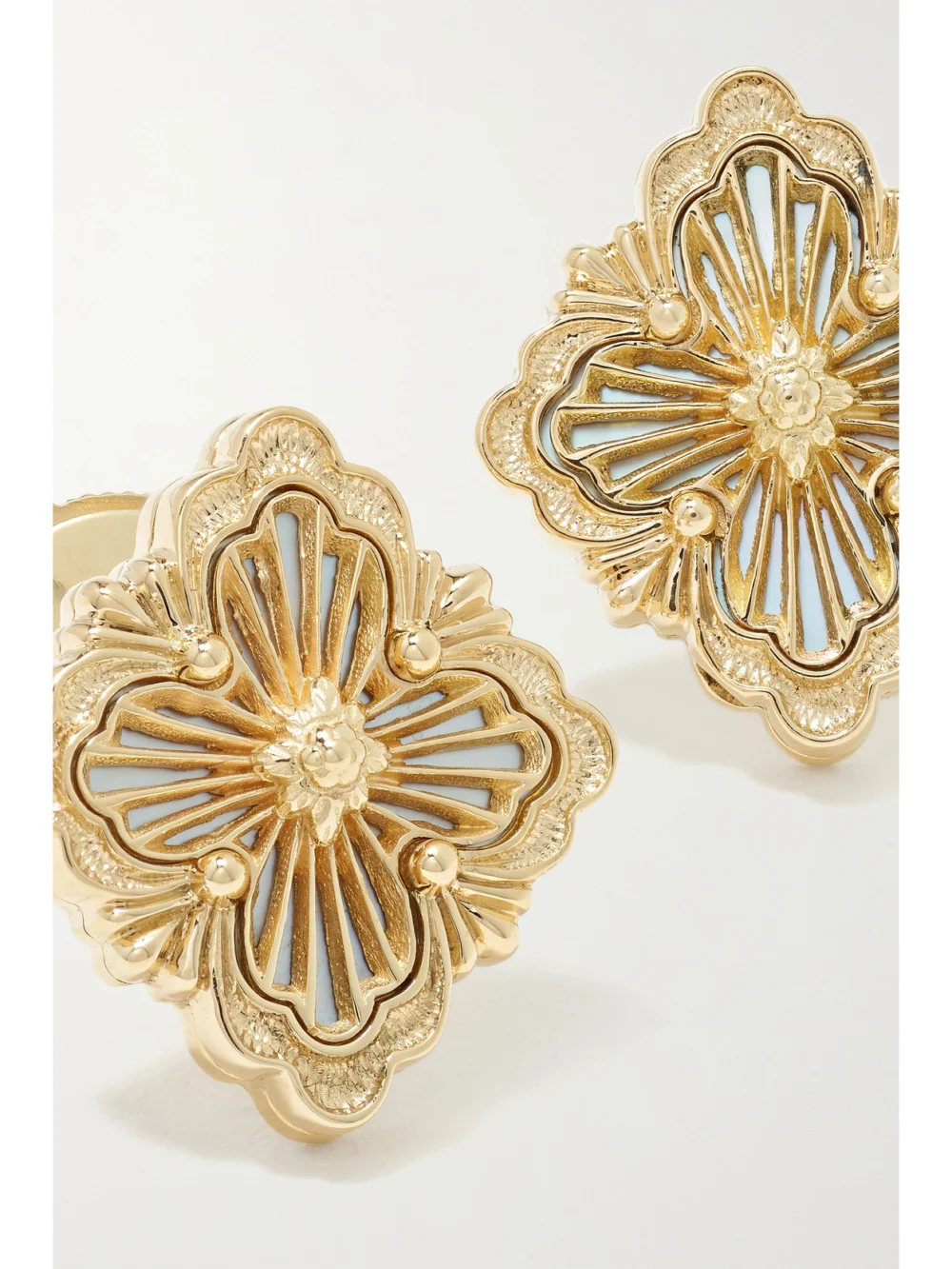 Close-up detail of the Buccellati Opera Tulle 18-karat Gold Mother-of-pearl Earrings