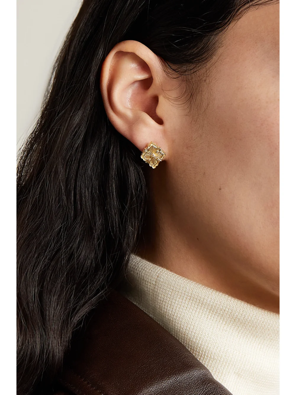 Buccellati Opera Tulle 18-karat Gold Mother-of-pearl Earrings, styled view