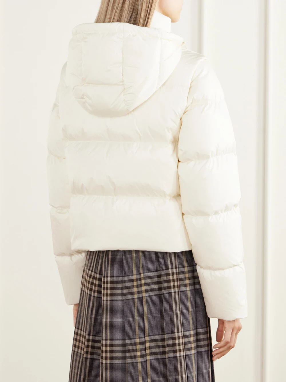 Back view of the Burberry Ireland Hybrid Check-trimmed Shell Down Jacket