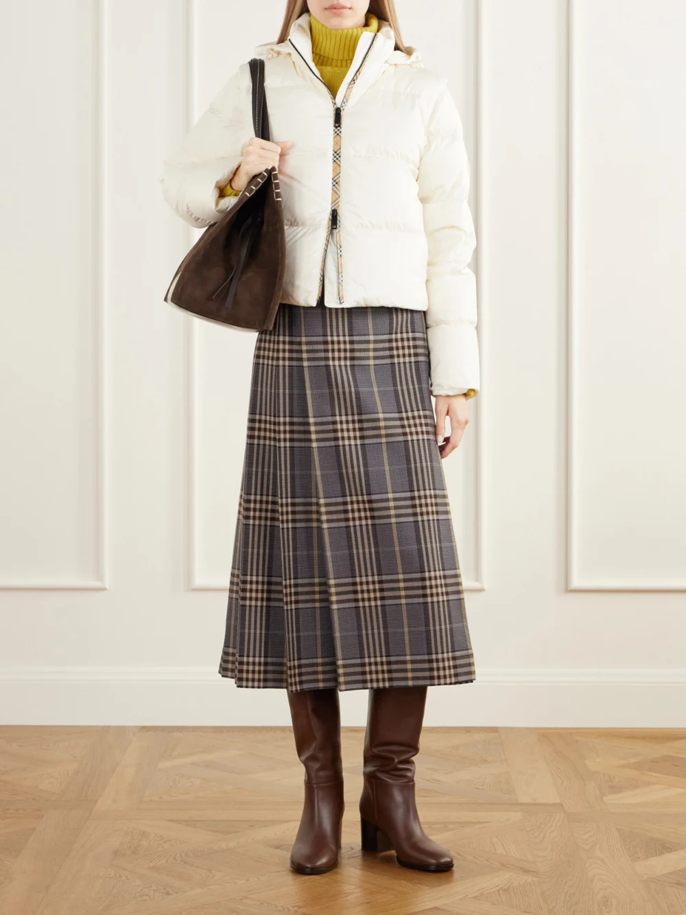 Burberry Ireland Hybrid Check-trimmed Shell Down Jacket, worn by a model