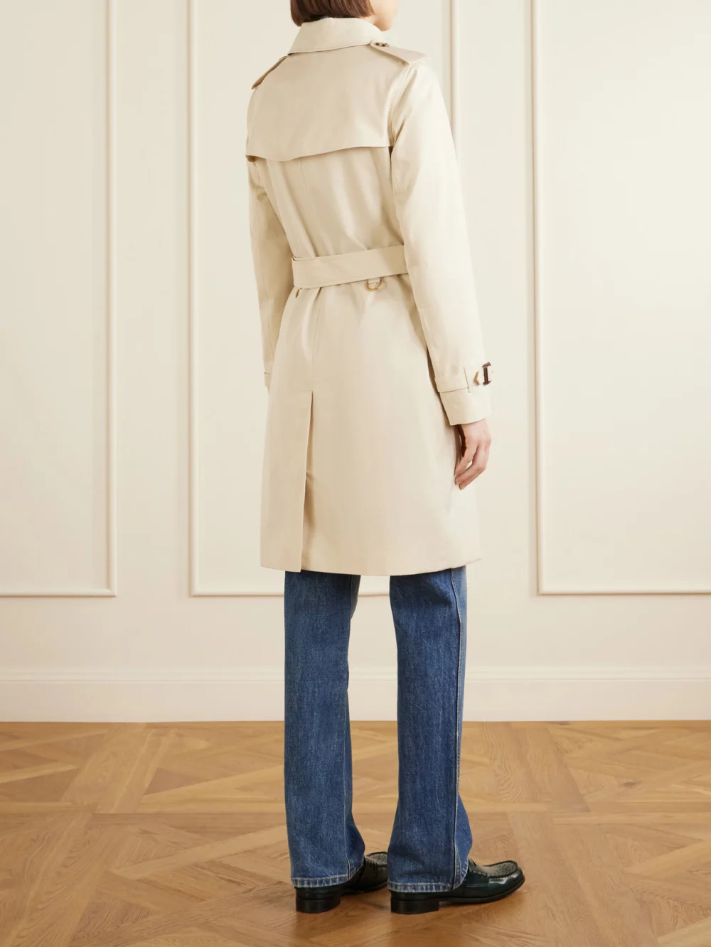 Back view of the Burberry Kensington Double-breasted Belted Cotton-gabardine Trench Coat