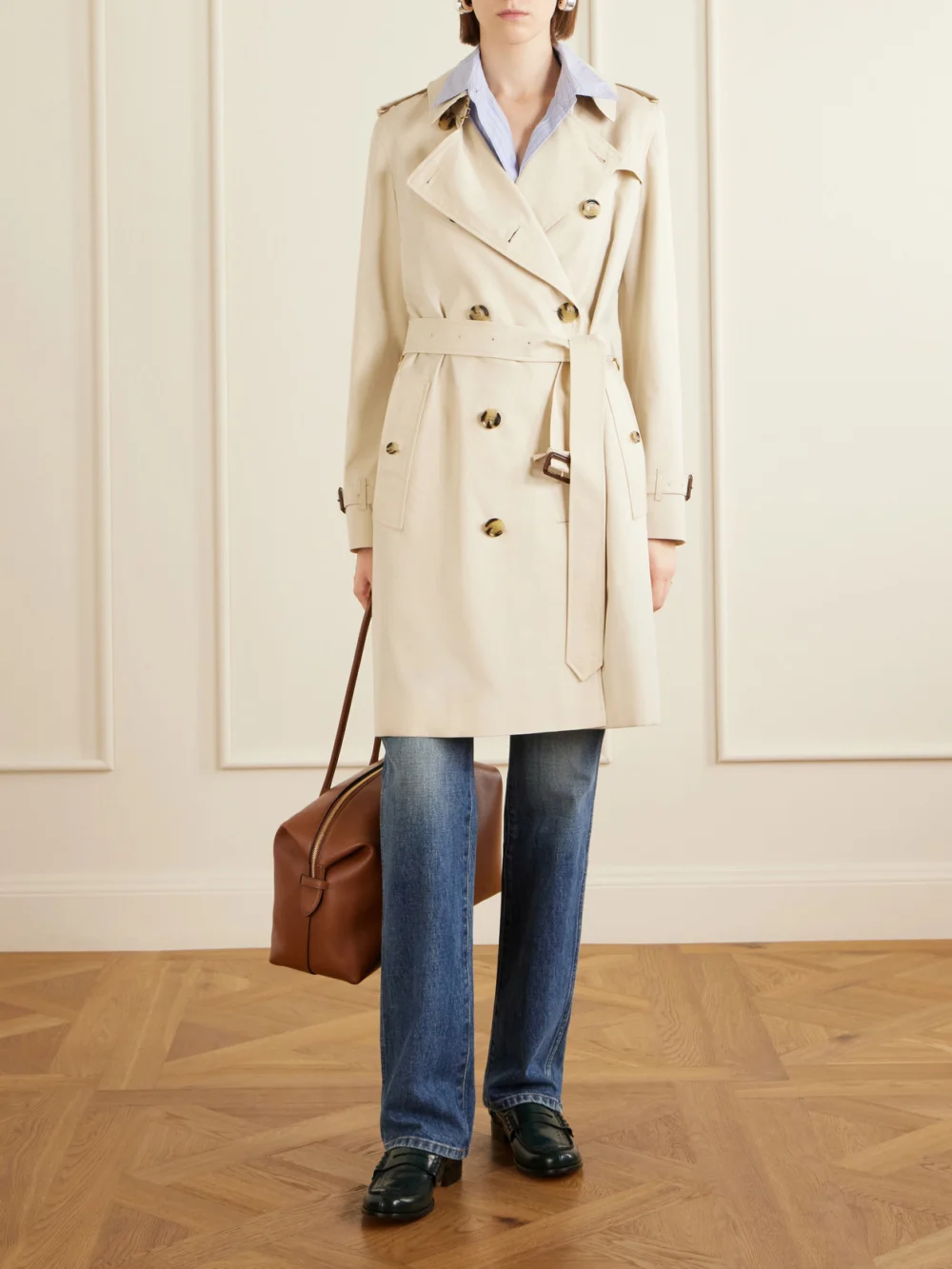 Burberry Kensington Double-breasted Belted Cotton-gabardine Trench Coat, worn by a model