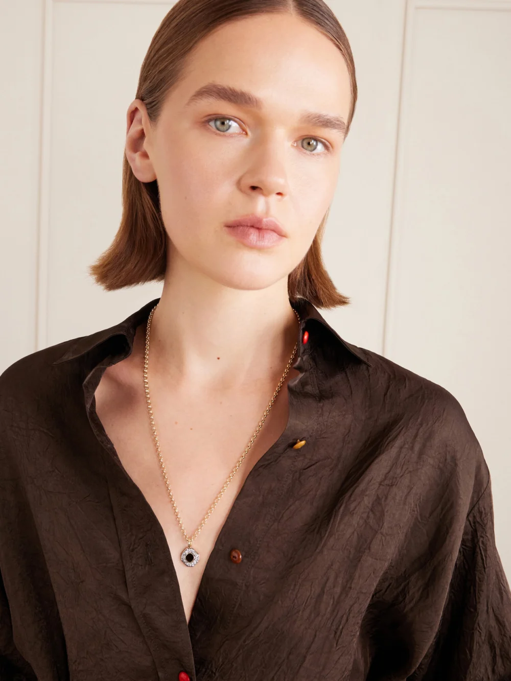 By Pariah Octagon 14-karat Recycled Gold, Smokey Quartz and Diamond Necklace, styled view