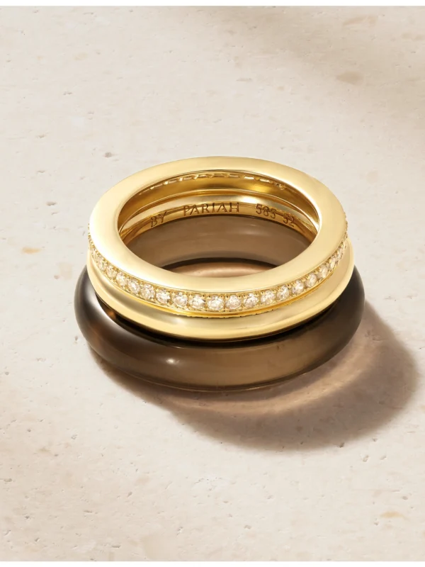 By Pariah Set of Three 14-karat Gold, Diamond and Smokey Quartz Rings