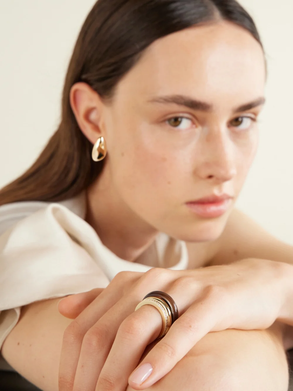 By Pariah Set of Three 14-karat Gold, Diamond and Smokey Quartz Rings, styled view